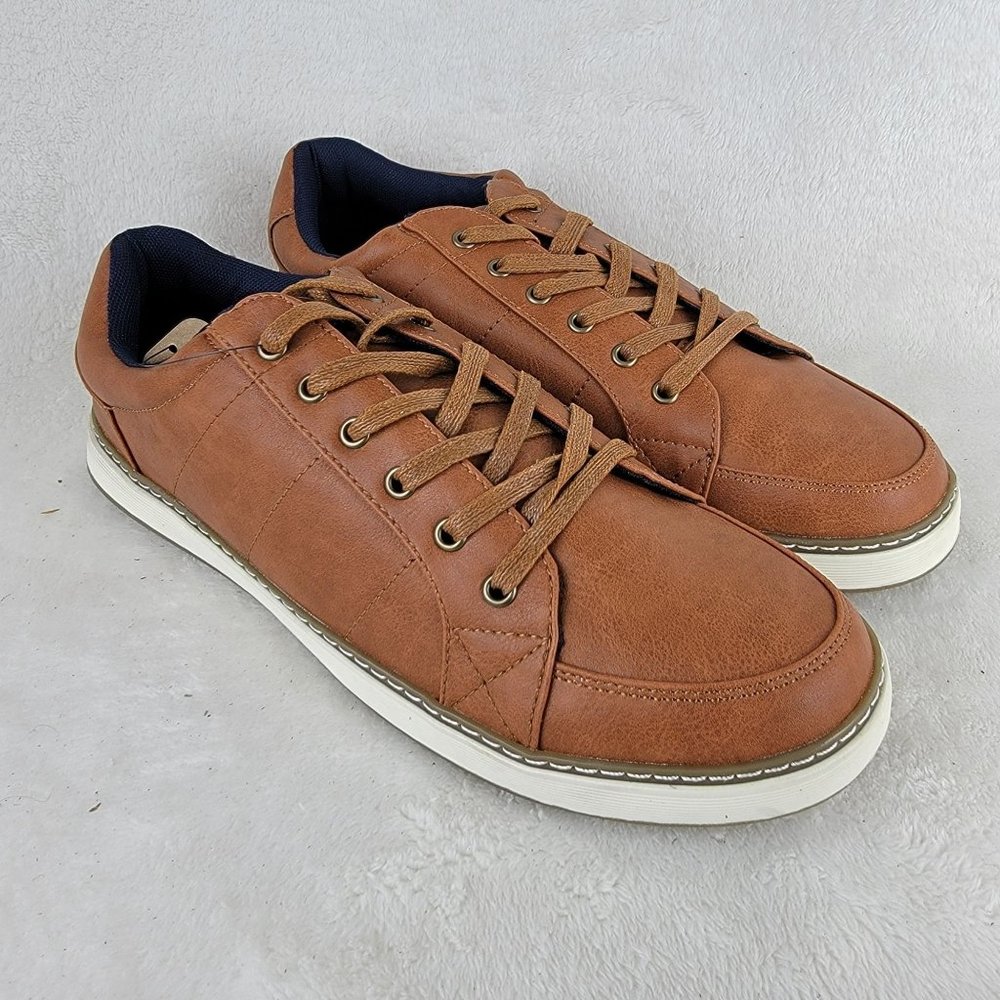 Jousen Mens Brown Leather Lace-Up Low Top Fashion Sneaker Casual Shoes Size 9.5
